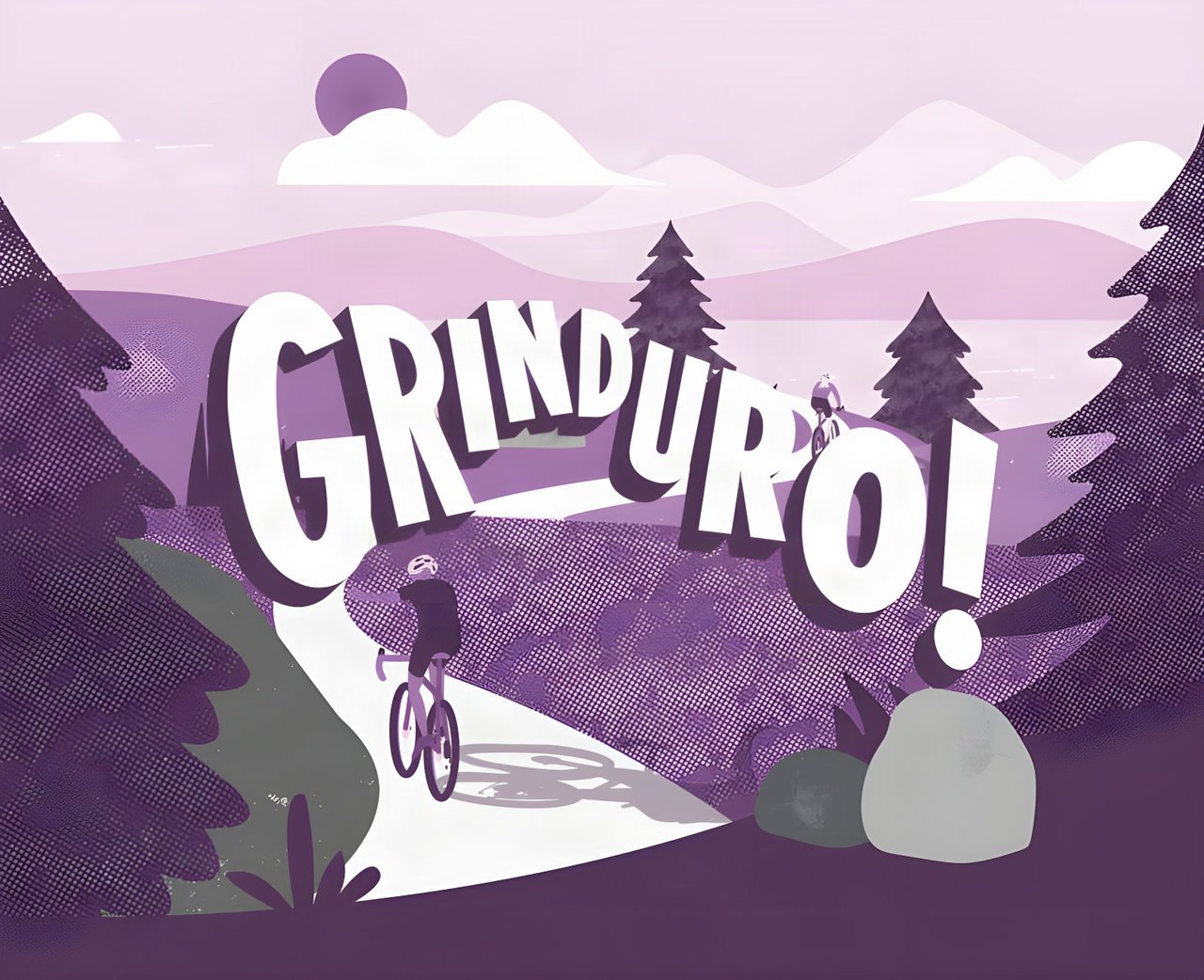 Purple Grinduro poster artwork of a rider on a gravel track between pine trees, heading the Swiss postponement news.