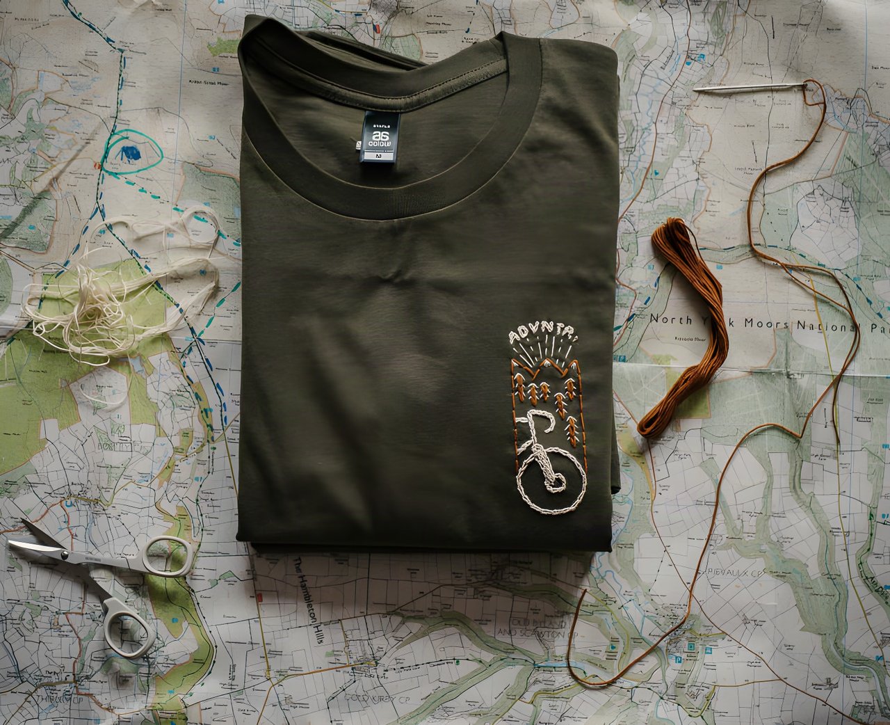 Folded army green Get Wild x ADVNTR t-shirt with a hand-embroidered bike motif, on a North York Moors map.