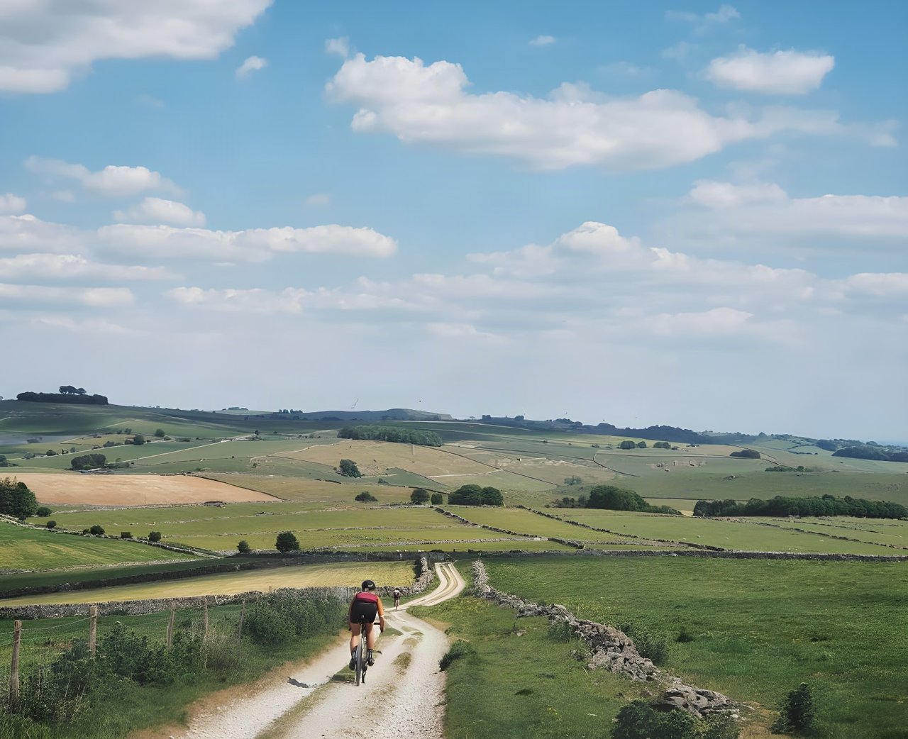 Lone rider on a white gravel track between drystone walls across Peak District fields on the Dirty Kanzelled.