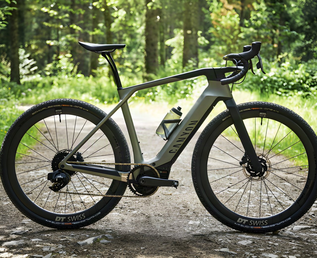 Canyon Grail:ON eGravel bike with Bosch motor, parked side-on on a forest gravel track.