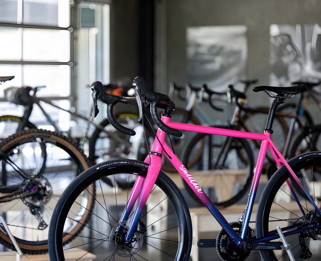 Pink-to-navy fade custom bike with drop bars on show at the ENVE Builder Round-Up, with other builds behind.