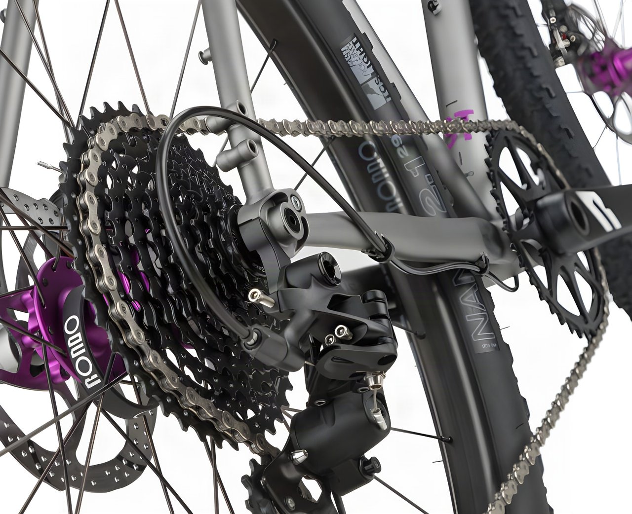 Rondo Bogan ST rear drivetrain detail with wide-range cassette, purple hub and WTB Nano 2.1in tyre, from the 2021 range.