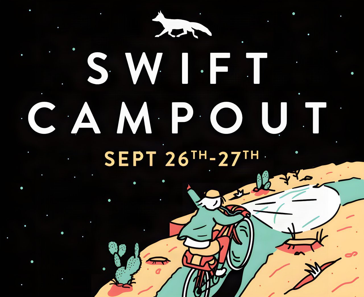 Swift Campout poster for 26-27 September with a fox logo and an illustrated rider cycling uphill at night.