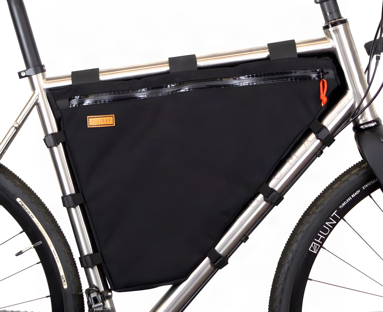 Black Restrap custom frame bag with orange zip pull fitted inside the main triangle of a titanium gravel bike.