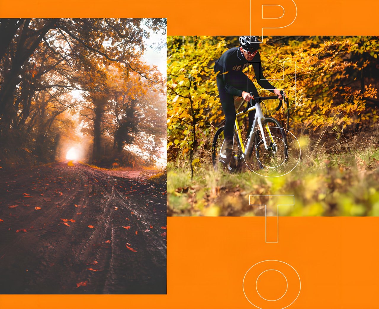 AUTMNL ADVNTR photo challenge graphic with a leaf-strewn autumn track and a gravel rider in yellow woodland.