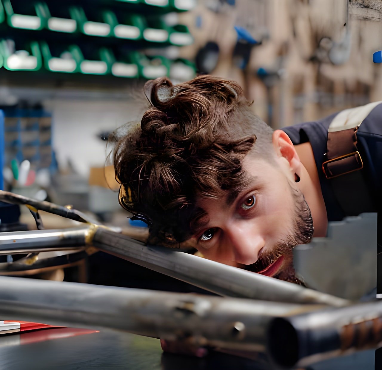 Pi Manson of Clandestine Cycles sighting along bare steel frame tubes in the Bristol workshop.