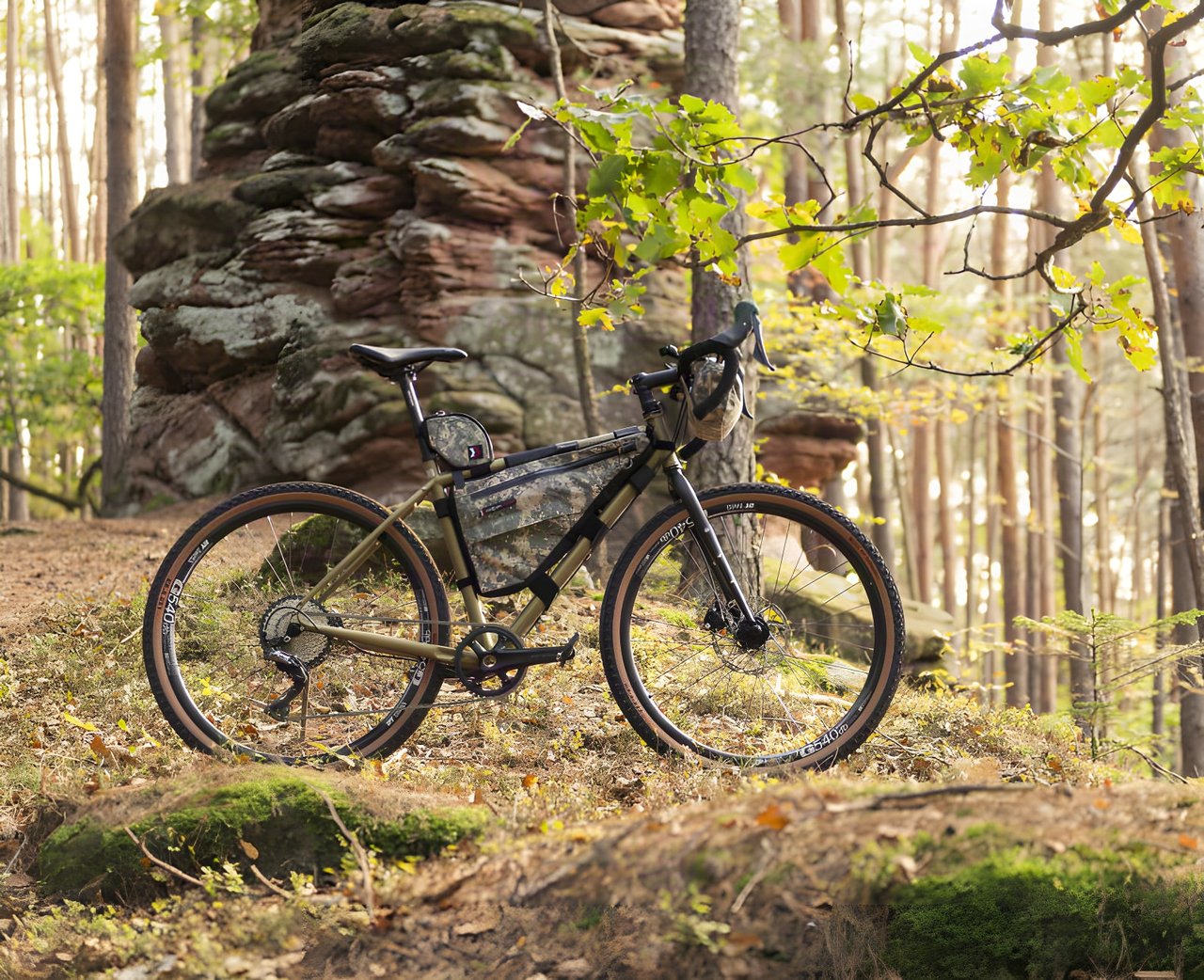 Tout Terrain Vasco gravel bike with frame bag parked beside a red sandstone rock in autumn woodland.