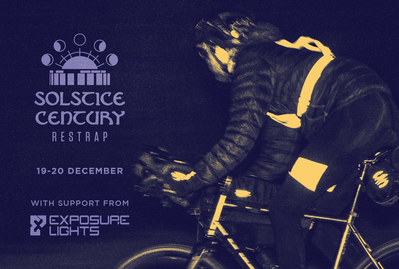 Restrap Solstice Century poster, 19-20 December, with a rider in reflective kit at night, supported by Exposure Lights.