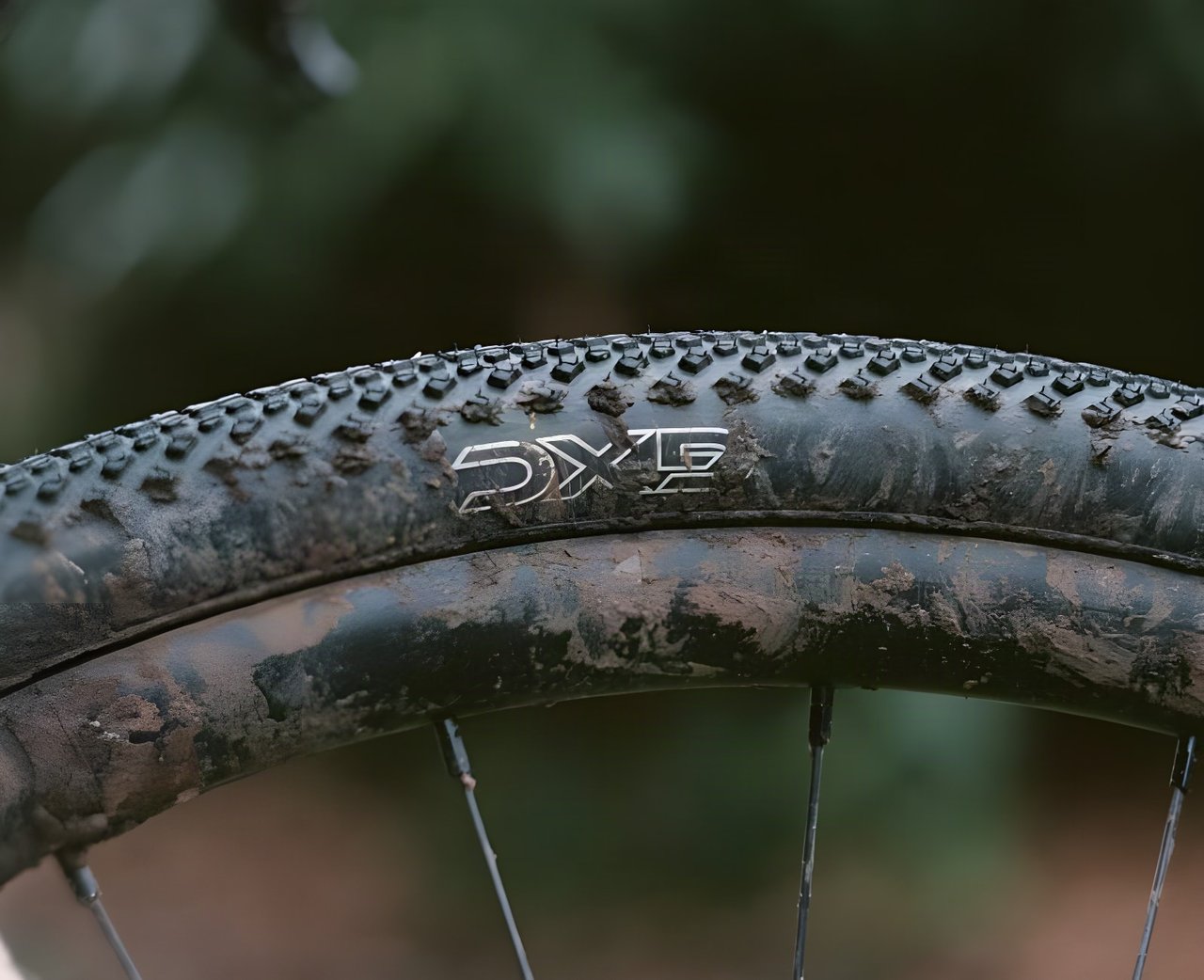 Close-up of a mud-caked Halo GXC gravel tyre's knobbly tread and logo on a muddy rim.