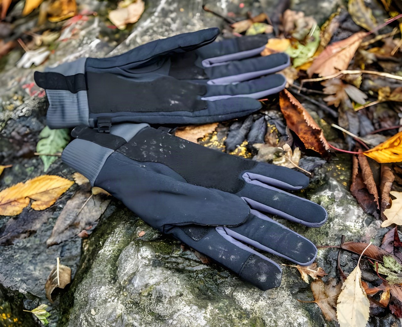 Sealskinz Waterproof All Weather Lightweight gloves with Fusion Control on a wet rock among autumn leaves.