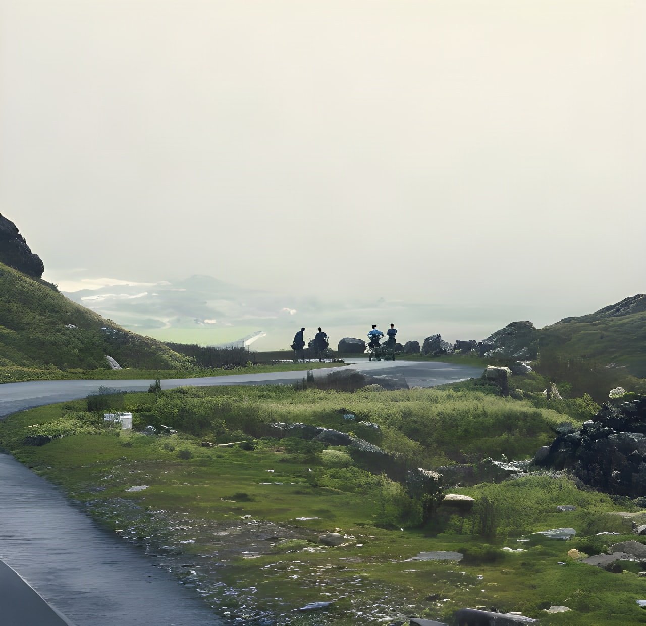 Cyclists on a road winding through misty green Welsh hills, a frame from The Friction Collective's film Velo Wales.