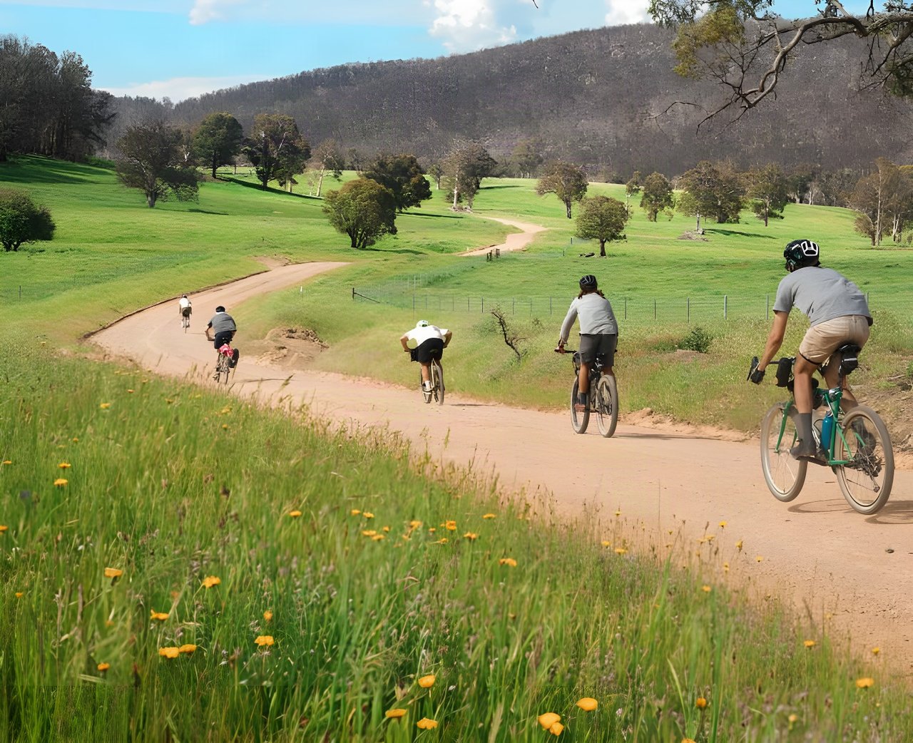 Group of bikepackers strung out along a winding dirt road through green Australian farmland.