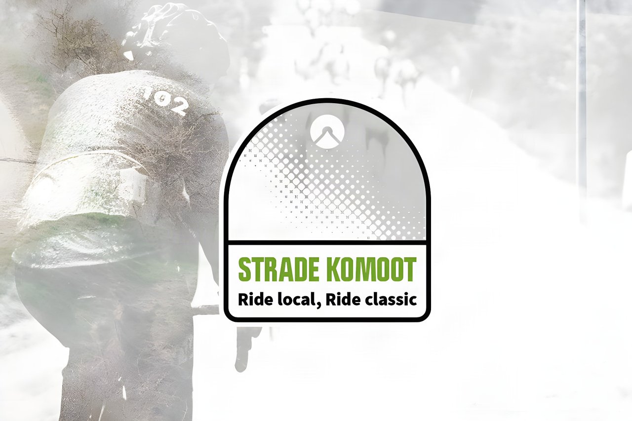 Strade komoot badge with the line 'Ride local, Ride classic' over a faded image of a rider wearing race number 102.