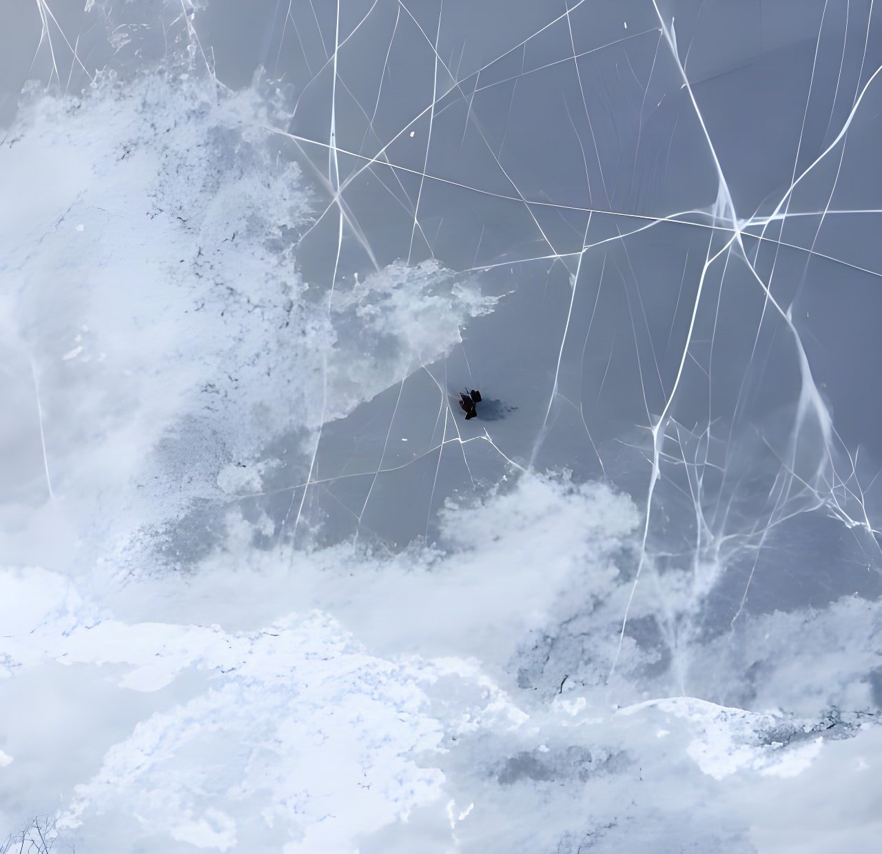 Cracked ice on frozen Lake Baikal with a tiny cyclist at its centre, from the Whiteout short film.