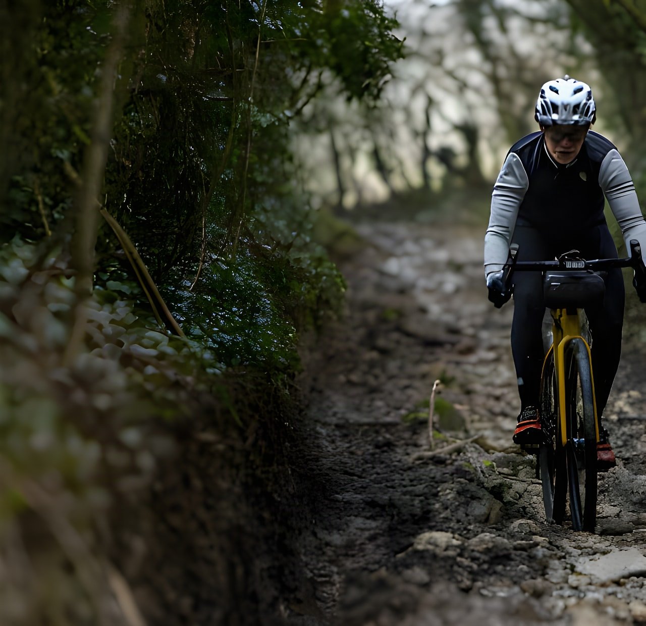 Fergus Ryan rides a yellow gravel bike down a muddy, rocky woodland track in The Tipping Point winter film.