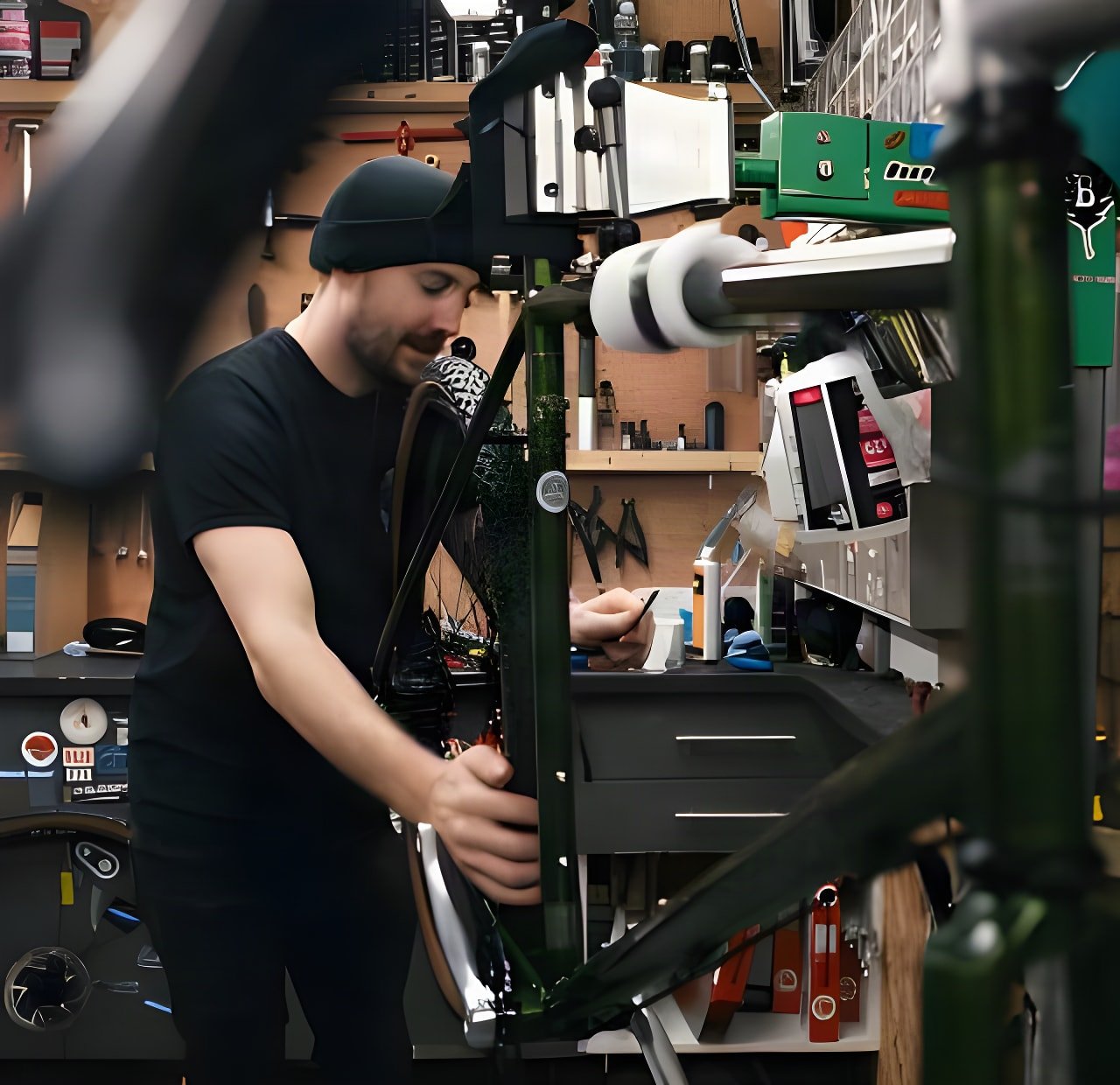A mechanic at The Woods Cyclery builds up a green Bombtrack Arise frame in a workstand in the shop workshop.