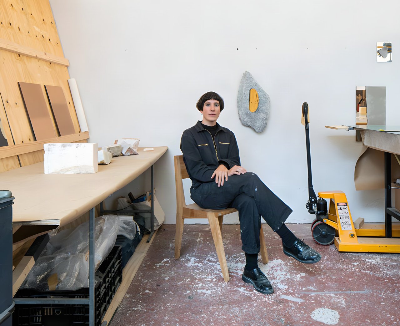 Quinda Verheul sits in her studio surrounded by sculptural work.