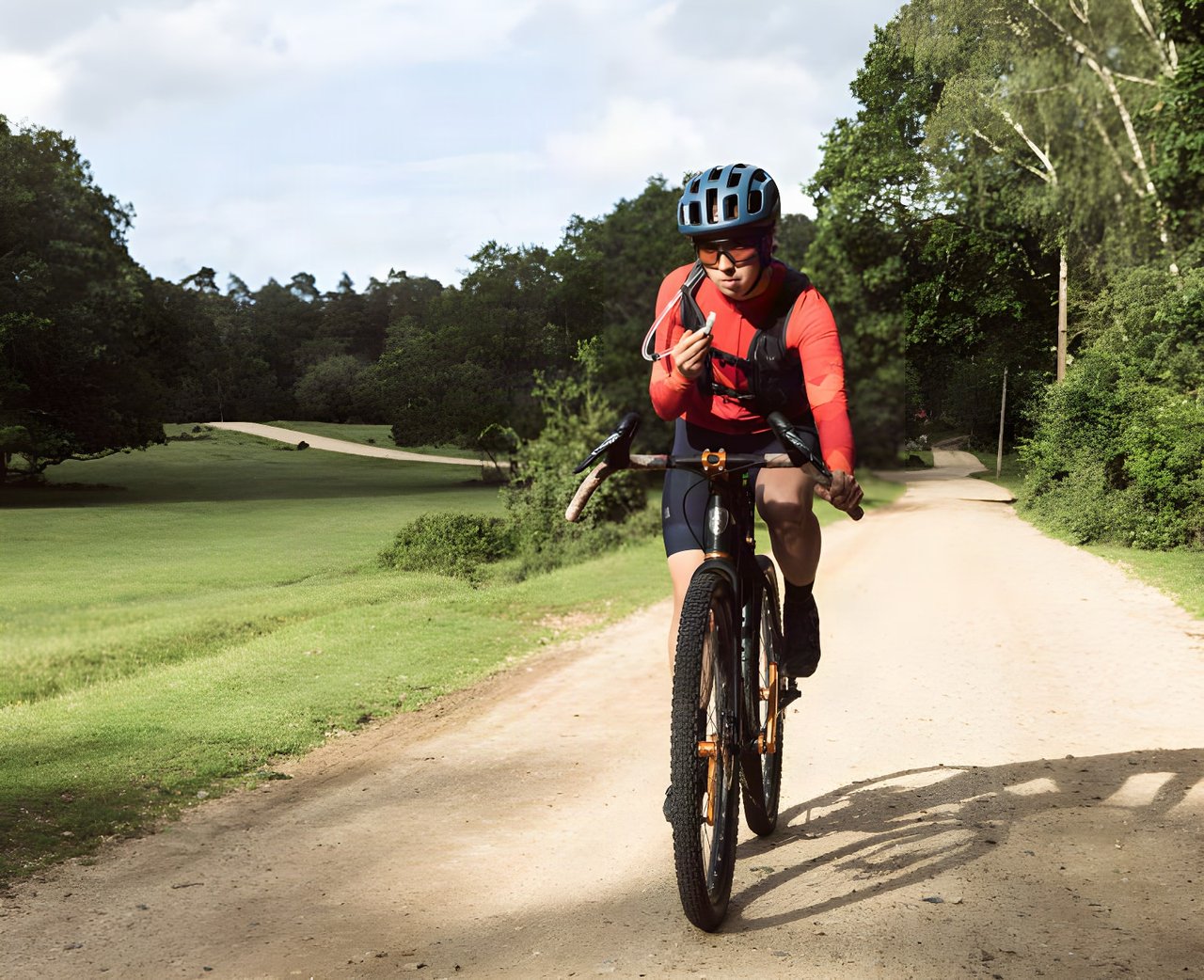 Rider drinks from the hose of an Apidura Racing Hydration Vest while riding a gravel track through open heath and woods.