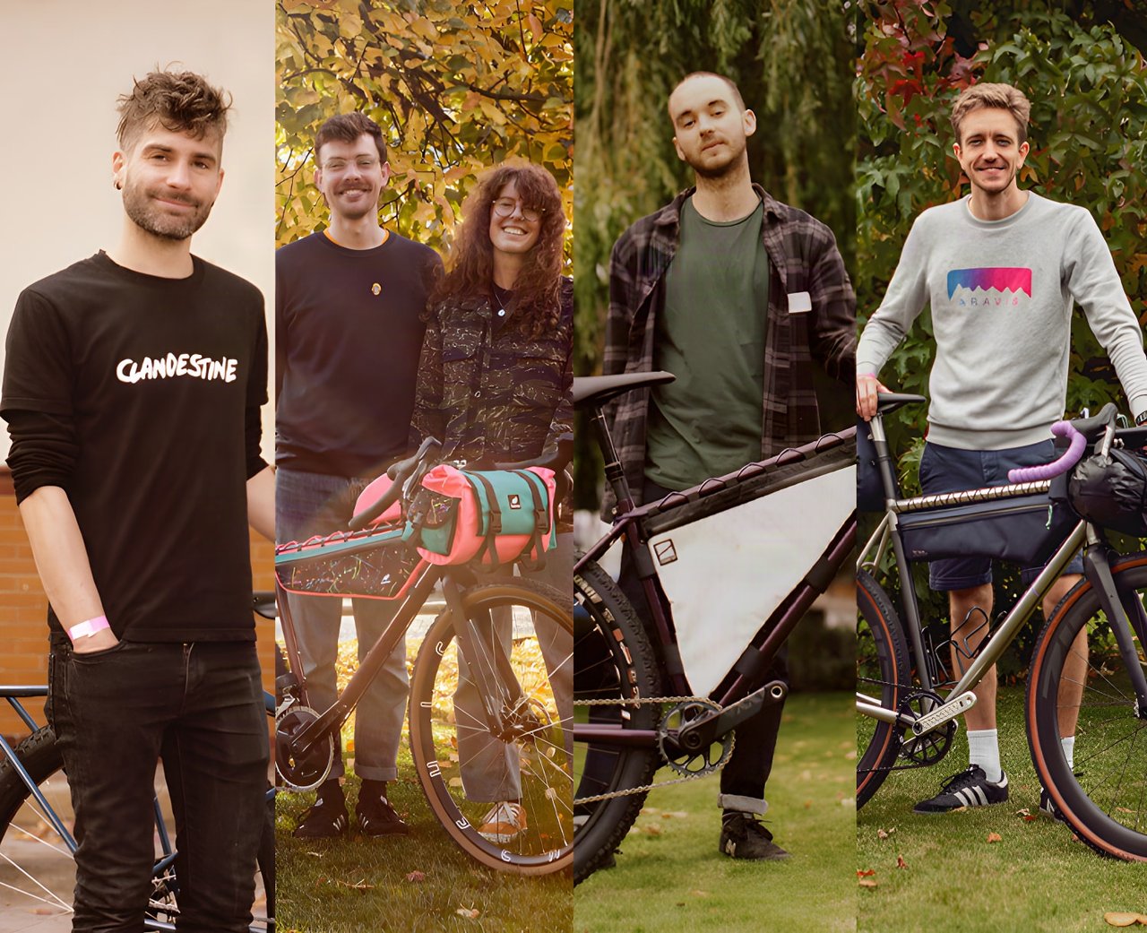 Collage of Bespoked 2021 makers including Clandestine, Wizard Works and Aravis Bag Works posing with their bikes.