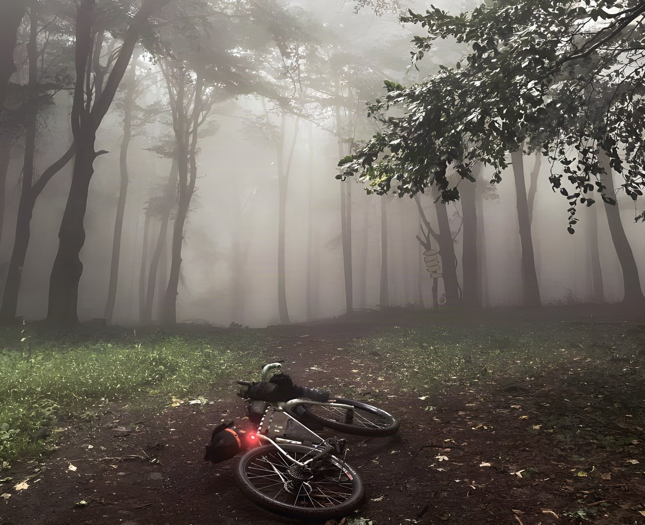 Loaded bikepacking bike lying in a misty forest clearing with its rear light glowing, on the Hungarian Divide.