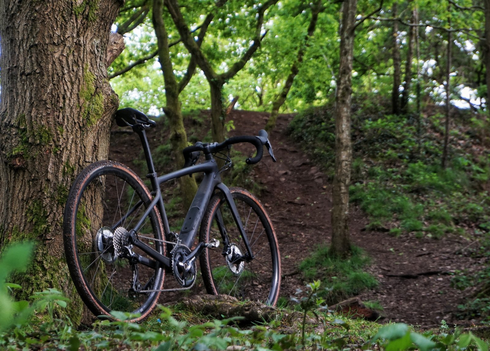 A gravel bike leant against a gate, mud on the tyres