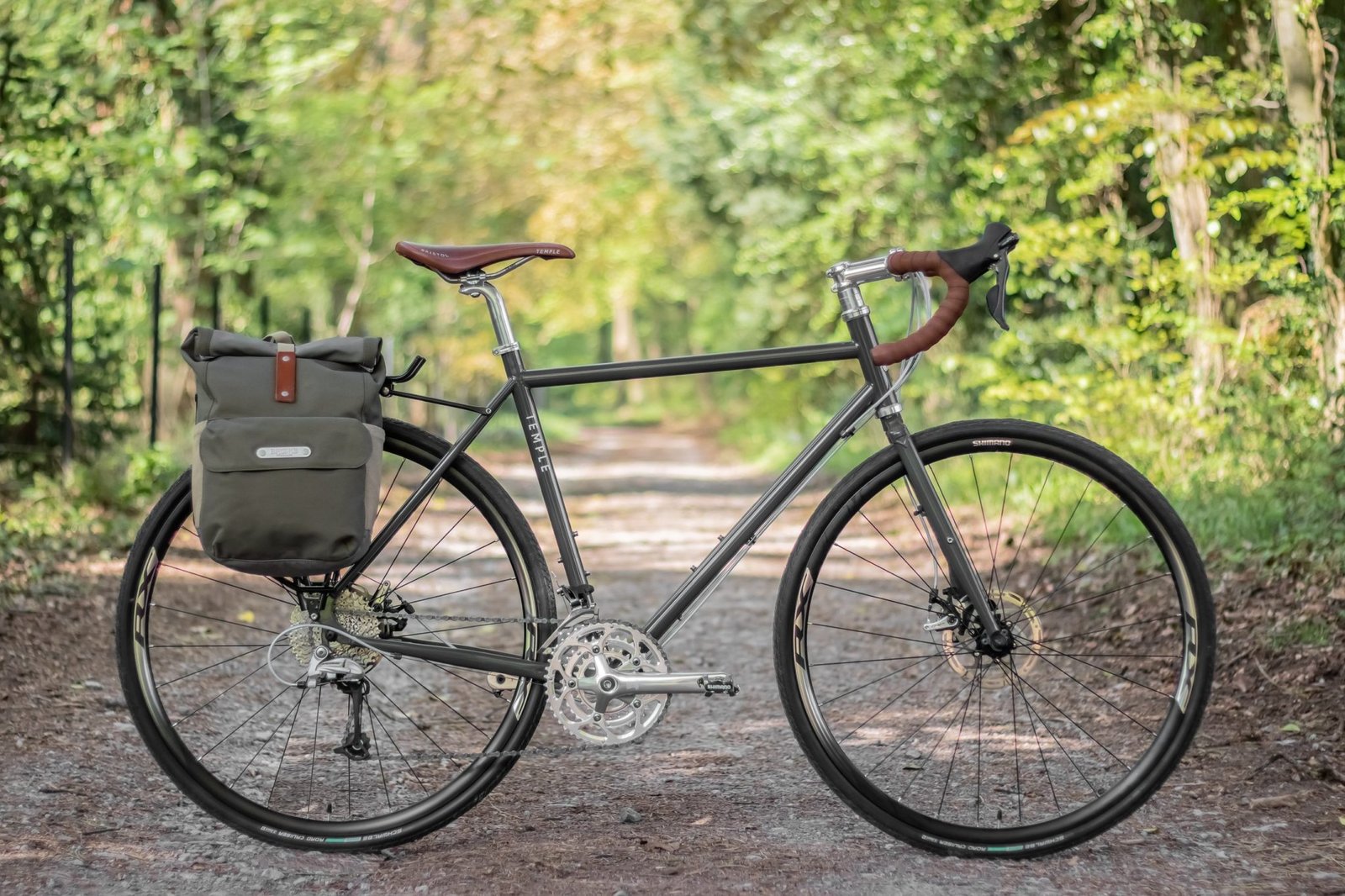 Close-up of a steel gravel bike's front end