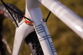 Stainless cable entry plate on the Donard x Victory Chimp down tube, with grey Ogham stripes and an orange Chris King cup.
