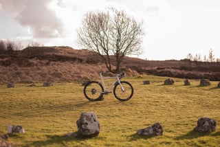 Donard x Victory Chimp bike small in the frame among scattered stones and a bare tree on open moorland.