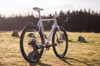 Rear three-quarter view of the Donard x Victory Chimp bike showing its 1x SRAM Force drivetrain and WTB Nano tyres.