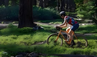 Rider in a helmet and cycling kit rides the Gorilla Monsoon across a green forest clearing.