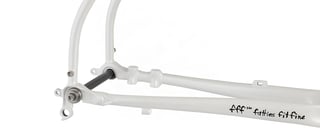 Surly Midnight Special rear dropout with 12mm thru-axle, flat mount tabs and the "fatties fit fine" decal.