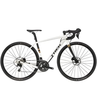 Trek Checkpoint gravel bike in white with gold and black accents, side view on a white background.