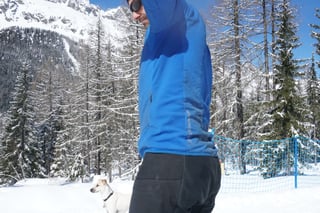 Gore Wear Primaloft jacket seen side-on, with snowy forest, mountains and a dog in the background.