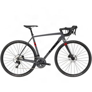 Trek Checkpoint gravel bike in dark grey with red stripes and a Shimano groupset, side view.