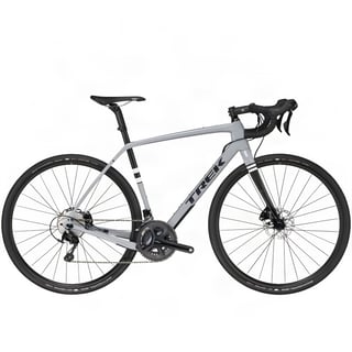 Trek Checkpoint gravel bike in light grey with white stripes and disc brakes, side view.