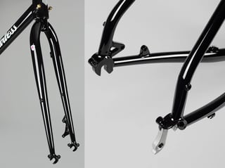 Fearless Vulture 404 steel fork beside a close-up of the frame's hooded rear dropout and mech hanger.