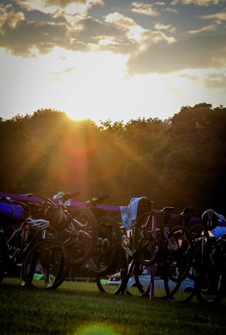 Loaded bikes hang on a rack at the campsite as the sun sets behind trees during The Distance.