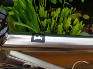 Reilly logo on the brushed titanium top tube of the Gradient, with pond plants behind.