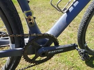 Easton crankset and 1x chainring on the Lauf True Grit, with a clipless pedal and a Lauf-branded mount on the seat tube.