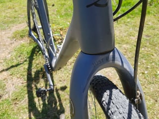 'Just Ride' moulded into the carbon fork crown of the Lauf True Grit, with a Maxxis tyre in the fork.
