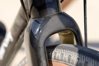 Whisky No.9 carbon fork crown showing tyre clearance above the WTB Byway tyre.