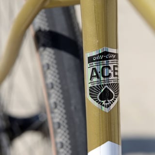 All-City A.C.E. custom extruded tubing decal on a gold frame tube of the Cosmic Stallion.