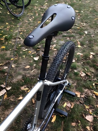 Black saddle and dropper seatpost on the silver Bombtrack Hook ADV frame, seen from behind.