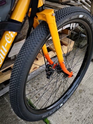 Front wheel and fork of the All-City Gorilla Monsoon, with a knobbly Schwalbe G-One 2.25in tyre and disc brake.