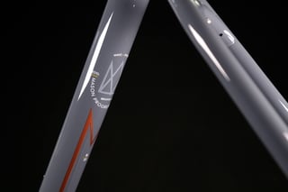 Element Grey Mason ISO seat tube with the Progressive Cycles logo, size 50 mark and an orange stripe.