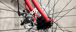 Front disc brake caliper, rotor and hub on the red Surly Straggler, seen through the spokes.
