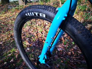 Teal Surly Bridge Club fork with multiple cage mounts, beside a WTB tyre with plenty of clearance.
