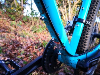 Surly Bridge Club bottom bracket area with frame braze-ons, a cable guide and the Truvativ crank.