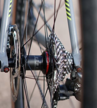 Close-up of the rear WTB hub, cassette, disc rotor and SRAM Force derailleur on the Trek Crockett 7.