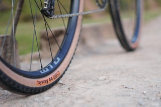 WTB Byway 44 tan-wall tyre label on the rear wheel of the Trek Crockett, with the chain above and front wheel beyond.